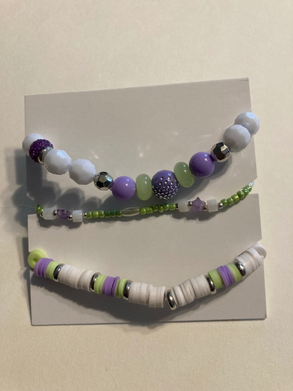 Green, White, Purple Pre-Stretched Bracelet Set - 6.5” - Picture 1 of 6